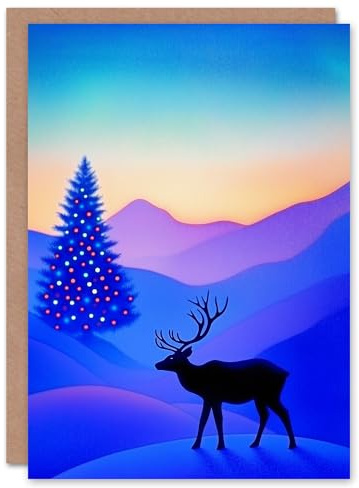 Wee Blue Coo Greeting Card Reindeer Decorated Tree Winter Wonderland Sunrise Blank For Him Or Her Art Xmas Christmas Card