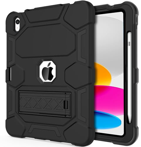 CCMAO for iPad 10th Generation Case 10.9 Inch 2022, iPad 10 Case with Kickstand & Pencil Holder, Heavy Duty Shockproof Hybrid Three Layer Protective Cover for Kids Boys Men, Black