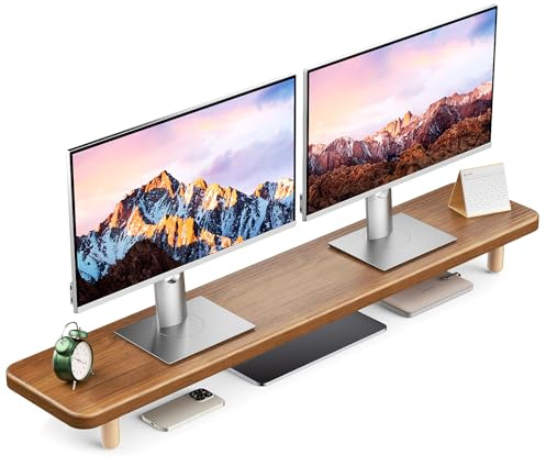 Elevador de soporte para monitor doble, elevador de escritorio de madera extra largo de 39 pulgadas con almacenamiento para 2 monitores, organizador de estante de escritorio ultra fuerte, elevador