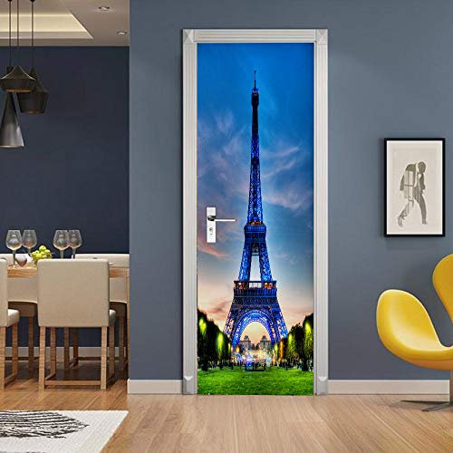 3D Türaufkleber Blauer Eiffelturm Türtapete Wandbild Selbstklebend PVC Wasserdicht Abnehmbar Türfolie TürPoster Fototapete Wohnzimmer Schlafzimmer küche bad büro Dekoration B90 x H200cm