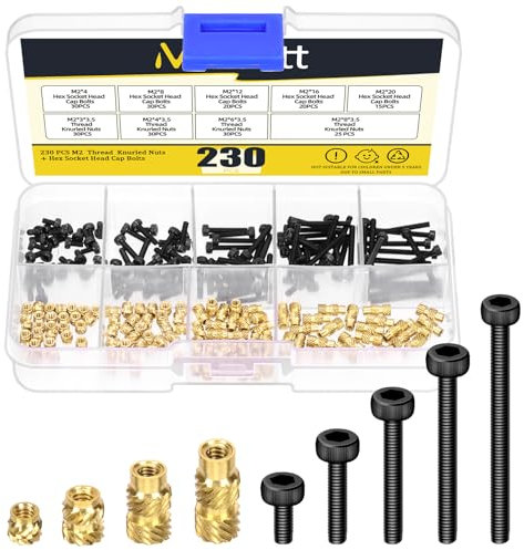 Mardatt Lot 230 inserts filetés M2 laiton, kit vis tête hexagonale, insert thermique laiton, écrous Knurled, vis machine, pour composants d'impression 3D plastique