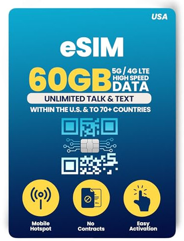 H2O Wireless eSIM-Karte – 60 GB Highspeed-5G/4G-LTE-Daten, unbegrenzte Gespräche und SMS in über 70 Länder, 20 GB mobiler Hotspot, kompatibel mit entsperrten Telefonen, einfache Aktivierung, 30 Tage