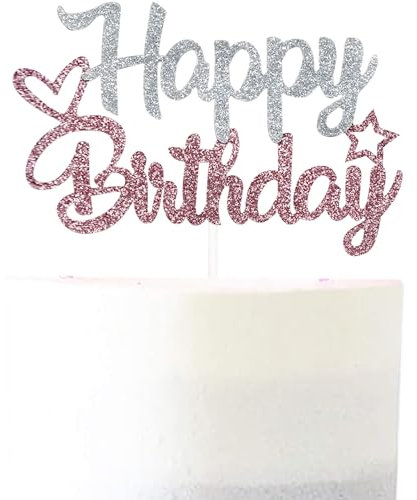 Pargleev Rose Gold & Silver Glitter Happy Birthday Cake Topper - Glitter Paper & Stick - Ready to Use
