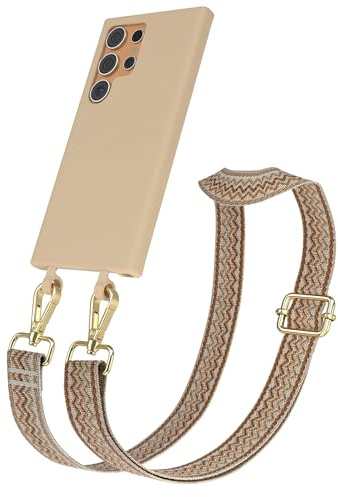 EAZY CASE - Hülle mit Band kompatibel mit Galaxy S24 Ultra Handyhülle für Galaxy S24 Ultra Schutzhülle Silikonhülle mit Handykette zum Umhängen 2in1 Hülle Handykordel Wellen - Beige Braun Metall Gold