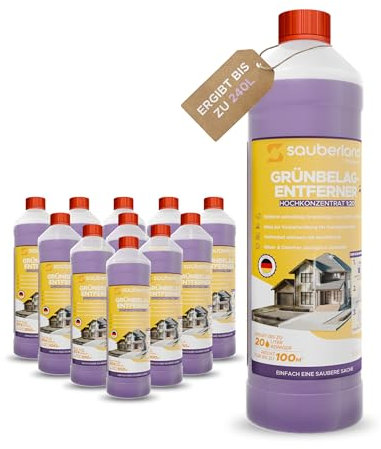 sauberland® Grünbelagentferner 12L [Konzentrat für 240L] – Selbsttätige Entfernung von Grünspan, Moos, Algen & Flechten | Steinreiniger für Terrassen, Steine, Fassaden, Dächer | Chlor- & Säurefrei