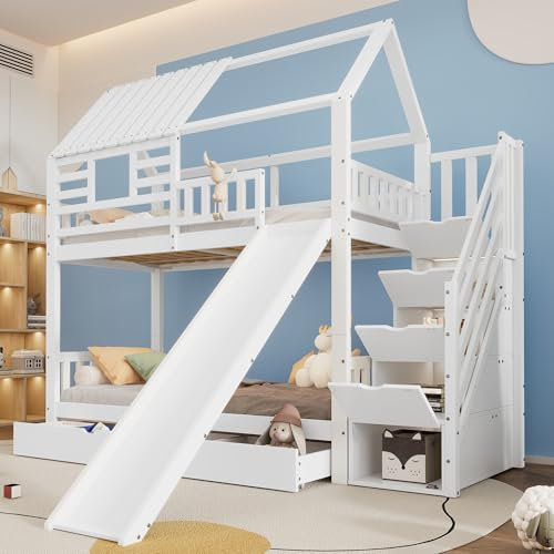 Idemon Letto a castello con scala e scivolo, letto per casa, scala con vano portaoggetti, telaio in legno di pino e MDF, culla con finestra e tetto, con griglia anticaduta e cassetto, bianco, 90 x 200