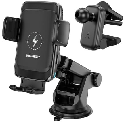 Watt Buddy 15W Wireless Charging Car Phone Holder, Magnetic Mount with Suction Cup and Air Vent Attachment, Automatic Smart Alignment, Phone Holder for Car Dashboard