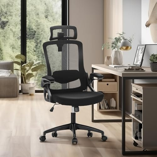 ALPHA HOME Ergonomic Office Chair, Breathable Mesh Desk Chair with Adjustable Lumbar Support, Headrest and Flip up Armrests, for Home Office