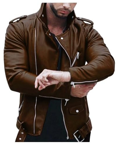 Giacca in Pelle Uomo, Giacca Bomber da Uomo con Chiusura Lampo, Casual, per Motociclisti Giubbotto con Colletto Rialzato Giubbotto Moto Uomo Pelle Giacca Antivento Chiodo Pelle Uomo