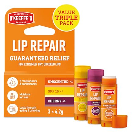 O'Keeffe's Lip Repair Multipack, 3 x 4.2g – Contains Unscented, SPF and Cherry - For Extremely Dry, Cracked Lips | All-Day Moisture with 7 Moisturising Ingredients
