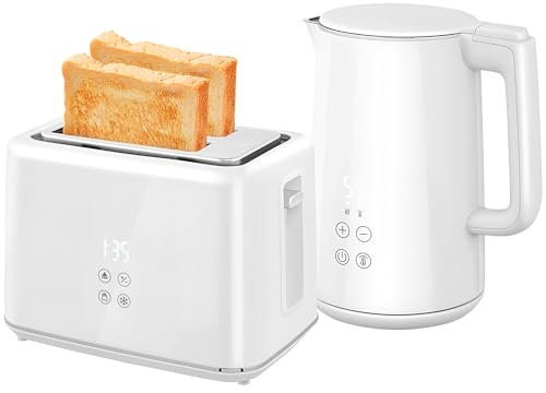 HOMCOM Wasserkocher Toaster Set Edelstahl 1,5L Wasserkocher 2 Scheiben Toaster 2200W Frühstücksset mit 7 Bräunungsstufen, Auftau- & Aufwärmfunktion, automatischer Abschaltung und LED-Anzeige, Weiß