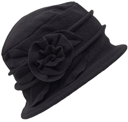 Generisch Glockenhut aus Wolle im -Stil mit Blumenmuster für Damen, Wintermütze im 1920er-Jahre-Stil, stilvolle warme Kopfbedeckung Damenhut (Black, One Size)
