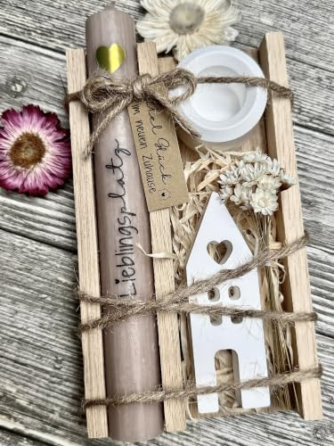 Dinala - Einweihungsgeschenk Haus/Wohnung - Holzbox mit Kerze - wunderschön verziert - Einzugsgeschenke Haus/Wohnung - Tolles Geschenk zur Hauseinweihung - mit Trockenblumen - liebevoll und persönlich