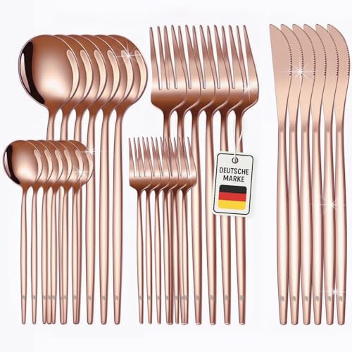 ROXLIN Premium Besteckset, 30-teilig, Gold, Edelstahl, Spülmaschinenfest, Elegantes Design, Tafelbesteck für 6 Personen mit Gabeln 21,5cm, Löffeln 20,8cm, Dessertgabeln 13cm (Rosa)