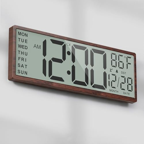 Mee 2ou Orologio da parete digitale in legno con funzionamento a batteria, orologio digitale da 15 pollici, grande display con data e giorno della settimana, numero grande con temperatura, auto DST