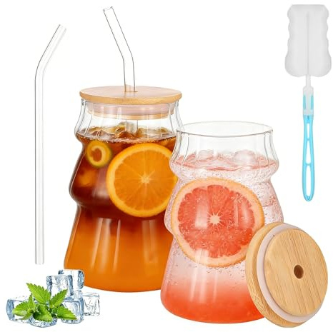 2Pcs 500ML Glass Mugs with Lids & Straws - Clear Iced Coffee Cup Matcha Ribbed Wavy Glass Cups Matcha Glasses with Bamboo Lid & Cup Brush for Ice Coffee Juice Drink Milk Tea Cocktail Wedding Birthday