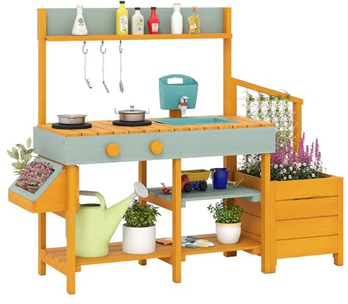 DREAMADE Matschküche Kinder Outdoor, Kinderküche Tannenholz mit Pflanzkasten & Rankgitter, Spielküche mit Wassertank, Herd, Spülbecken, Outdoor Küche mit Zubehör für Kinder ab 3 Jahren (Gelb)