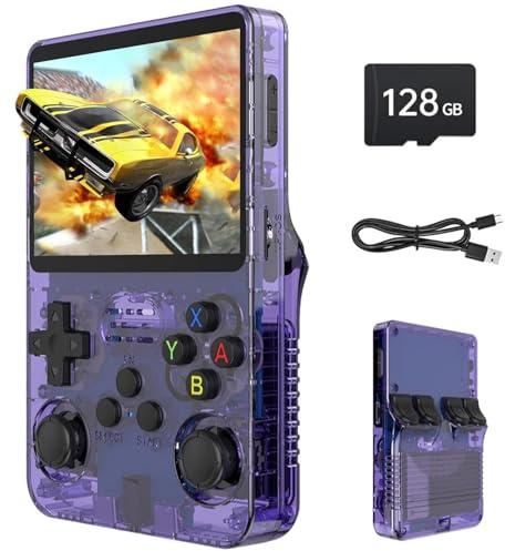 R36s Pro Retro Handheld Game Console, 3.5in IPS, 128GB Retro Gaming Console with 30000+ Classic Games, Rechargeable Battery, Linux System, 20+ Mainstream Emulators (Translucent Purple)