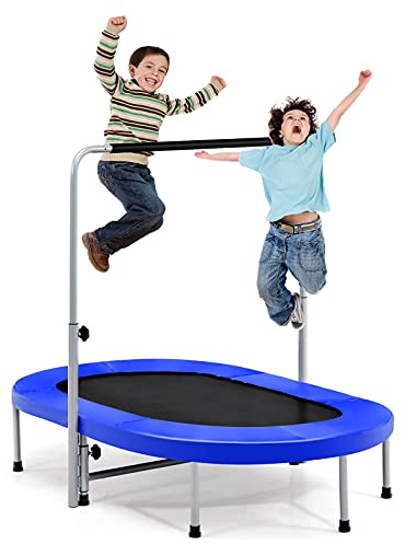 COSTWAY 2 Personen Trampolin, Mini Trampolin mit höhenverstellbarm Haltegriff, bis 150kg belastbar, Kindertrampolin klappbar, Gartentrampolin für Kinder, Erwachsene