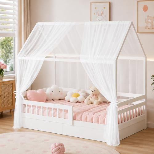 Betthimmel für Hausbett 2 Stück, Baumwoll-Musselin, 350x150cm, Weiß | Kinderzimmer Himmel, Weich & Atmungsaktiv, Hausbett Himmel, Deko & Verschönerung für Jungen- und Mädchenbett