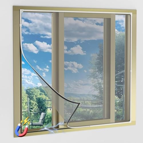 RNPKZ Magnetic Fly Screen Window, Adjustable DIY Fly Screen for Windows, Window Screen Mesh, Keep Flys/Bugs Out, Full Frame Magnetic Strip Easy Installation, Fit Up to 1.2x1.3M(White Frame Grey Net)