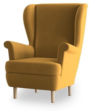 Masseno Ohrensessel LENTIO, Lounge Sessel im Glamour Stil mit Armlehnen, Komfort Polsterstuhl für Esszimmer, Wohnzimmer, Bein aus Holz, Kronos 01