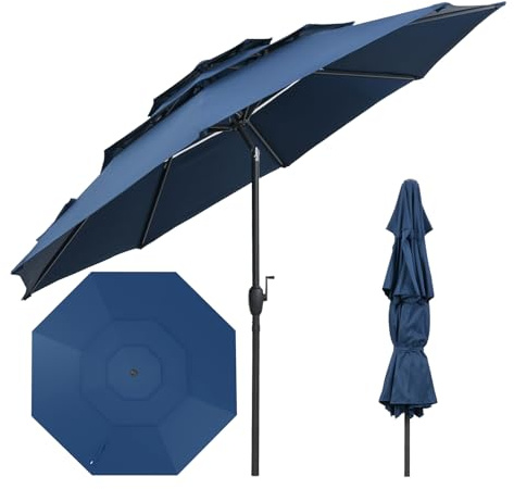 SPOTRAVEL 3M Tilting Garden Parasol Umbrella for Sun Protection, 3 Tier Patio Outdoor Waterproof Heavy Duty Sun Shade Umbrella with Tilt & Crank (Navy)