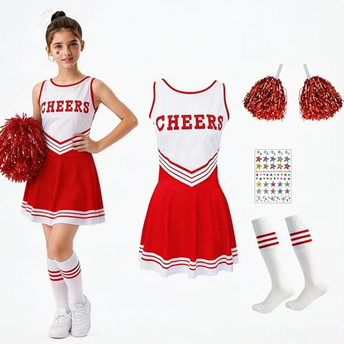 Fancysky Déguisement Pompom Girl Enfant, Costume Cheerleader Fill,Tenue Pompom Girl Uniforme avec Pompoms Cheerleader Chaussettes et 2 Autocollants, Carnaval Halloween Cosplay Mascarade (Rouge, 140)