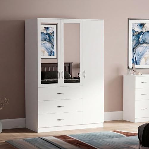 Vida Designs Riano 3 Door 3 Drawer Mirrored Wardrobe | White | Bedroom Furniture | 175H x 116W x 54D cm | With Storage Shelf & Hanging Rail | Large Capacity Storage