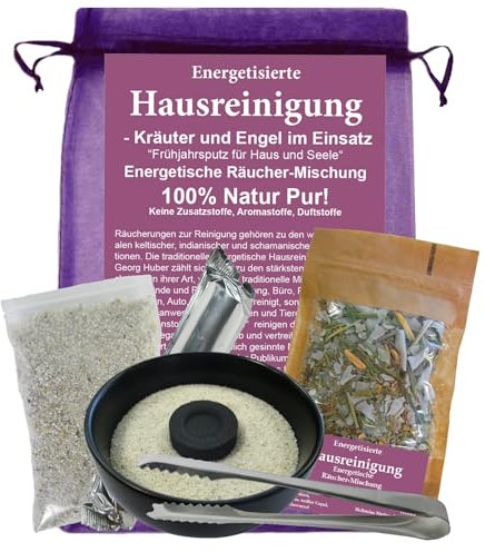 Hausreinigung räuchern 6-TLG Set energetische Räuchermischung KRÄUTER & Engel zum Ausräuchern von Haus & Wohnung. Mit Zubehör, Räucherschale, Zange, 10x Räucherkohle, Anleitung 81064-SZ