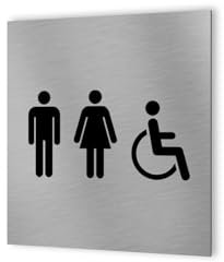 DECOHO - Pictogramme WC format 20 cm x 20 cm en Dibond Aluminium brossé - Modèle toilettes TRIO - Argent