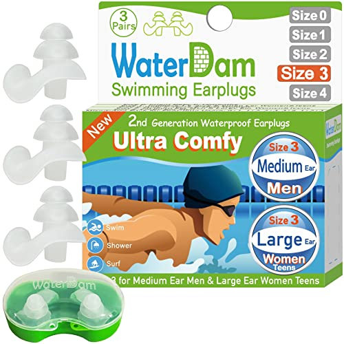 WaterDam Bouchons d'Oreille de Natation Imperméables et Confortables Pour Éviter les Oreilles du Nageur (Taille 3+3+3 : Moyenne Pour Hommes et Grandes Pour Adolescents)