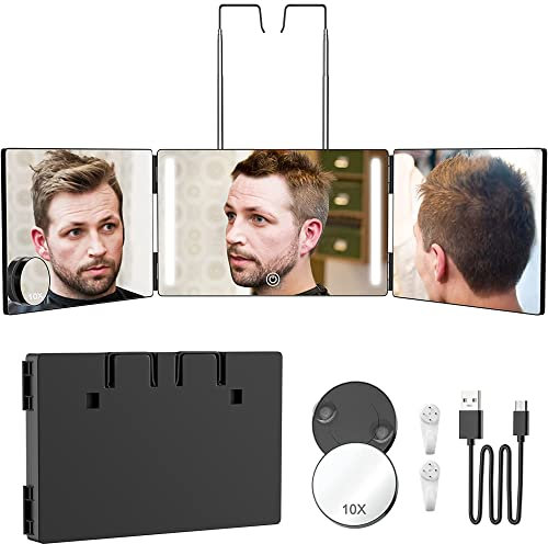 LYSTAO 3 Way Mirror - 360 Self Hair Cut, Portable Adjustable Trifold Mirrors With Height Telescoping Hooks for Self Styling Hair Cutting Makeup Shaving (Upgrade 360 Mirror with LED)