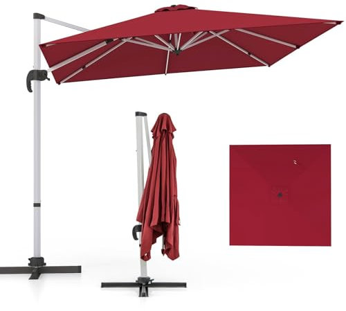 RELAX4LIFE Parasol de Jardin Exterieur Inclinable à 7 Positions Rotation par Pédale, Parasol Déporté 3x3M en Polyester avec 8 Branches Imperméable Anti-UV Résistant au Vent(Rouge)