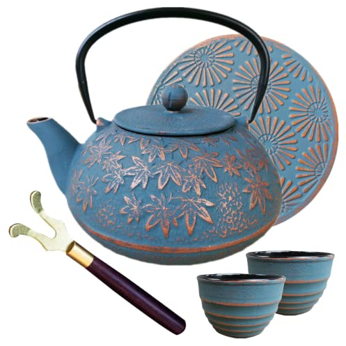 40 oz Japanese Style Cast Iron Teapot Set with Infuser and Trivet for Loose Tea, Adult Asain Tea Pot Kettle Maker with 2 Tea Cups, Blue