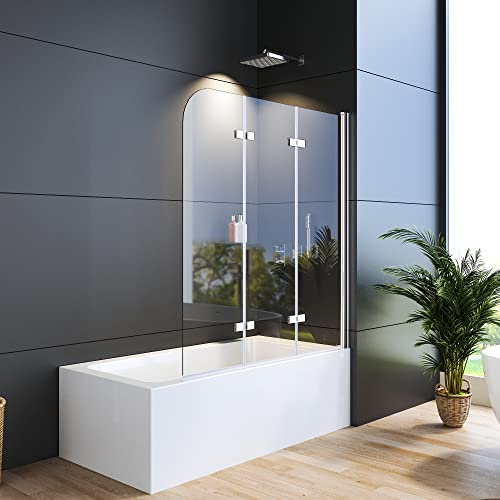 WDWRITTI Duschwand für Badewanne 130 x 140 cm Faltbar 3-teilig, Duschtrennwand aus 6mm ESG Sicherheitsglas mit Nano Beschichtung, Duschabtrennung für Badewanne