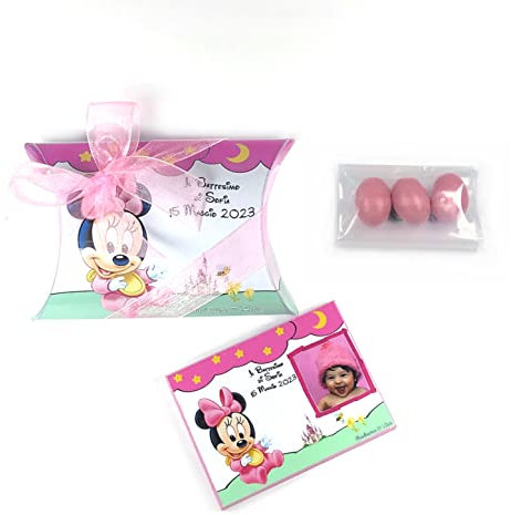 Bomboniere in legno con magneti personaggio Minnie personalizzate con foto, nome e data del battesimo o compleanno, confezionate con scatola e confetti Crispo Snob