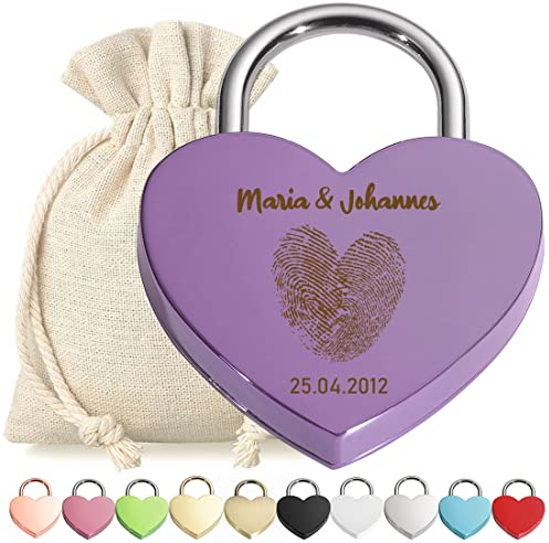 Cadenas d'amour en forme de cœur violet avec gravure - Motif cœur empreintes digitales - Personnalisé - Anodisé - Sac cadeau en tissu - Saint-Valentin - Anniversaire - Cadeau pour couple