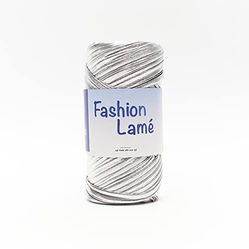 Tricot Cafè - Fashion Lamè - Fettuccia in poliestere piatta con effetto metallizzato e laminato moderatamente elasticizzata peso 120/130 gr per Ferri/uncinetto: 6-7 - Argento