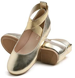 Feversole Girls Cute Dress, Mädchen süßes Kleid Mary Jane Schuhe weiche Party Urlaub Ballerinas Runde Spitze Stretchy,Synthetik elastisch flach Gold Größe 33 EU