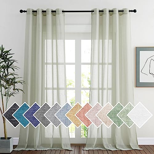 PONY DANCE Leinenoptik Gardinen mit Ösen Vorhang Salbeigrün Ösenschal 2er Set H 245 x B 140 cm Wohnzimmer Gardinen Halbtransparent Leinenoptik Vorhänge im Landhausstil