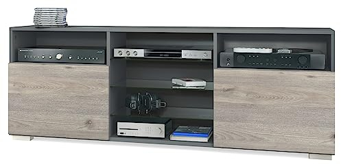 Vladon TV-Board Granada, Lowboard mit 2 Türen und 6 offenen Fächern, Korpus Anthrazit matt, Fronten in Eiche Nordic (146 x 54 x 35 cm)