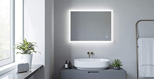 AQUABATOS® Badspiegel mit Beleuchtung Eckig 80x60 cm LED Licht Wandspiegel Gäste WC Badezimmer Spiegel beleuchtet Antibeschlag Touch Schalter Dimmbar Memory-Funktion Wandschalter Lichtschalter