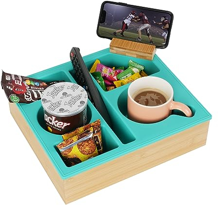 Couch Cup Holder Tray, Hitseon Handy Silicone Bamboo Couch Caddy with Rotatable Phone Holder for Bed Car Seat Organizer, Waterproof Anti-Spill Couch Drink Holder for Snacks Beverage Remote (Green)