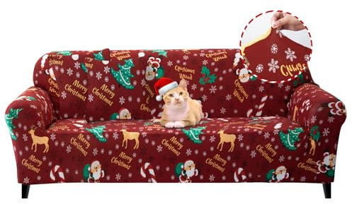 Jaotto Sofabezug 3 Sitzer Elastischer Stretch Spandex Sofa Überwürfe Sofahusse Antirutsch Waschbar Sofaschoner Couchbezug für Sofa mit Armlehne,Weihnachtsmann