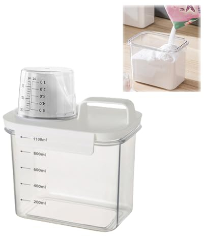 1100 ML Waschmittelspender mit Messbecher, Luftdichtes Waschmittel Pulver Aufbewahrungsbox, Wiederverwendbar Leere Flaschen Waschpulver, Mehrzweck-Waschpulverspender für Weichspüler