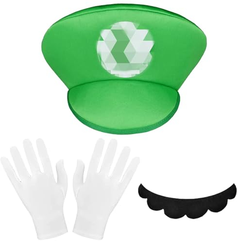 LUKIUP 3 Stück Mario Mütz, Mario und Luigi Mütze, Mario Hat Grün im Komplettset Mit weißen Handschuhen und Klebe-Bärten, Erwachsene Outfit für Weihnachten Karneval Faschingskostüme (Grün)