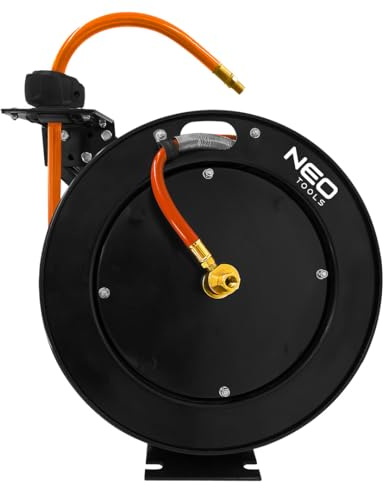 NEO TOOLS Automatik Schlauchtrommel Schlauchlänge 15m (20 Bar max. Arbeitsdruck) | Druckluftschlauch Aufroller automatisch 1/4 Anschluss | Schlauchtrommel Wandschlauchhalter (10-701 Metall)