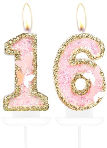 Schmetterling 16. Geburtstag Nummer 16 Kerzen, Rosa Gold Kerzen Kuchen Cupcake Topper für Kuchen, Mädchen 16. Geburtstag Kuchen Dekorationen, Schmetterling 16. Geburtstag Kerze Kuchen Topper für