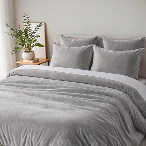 Cozyor Kuschel-Bettwäsche extra dick und weich Plüsch, robuster Reißverschluss 1x Deckenbezug 155x200 cm, 2X Kissenbezug 80x80 cm, 3-teilig, hellgrau Moonlight